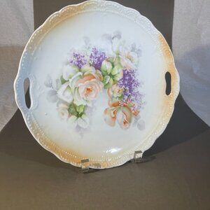 Antique PK Silesia Cake Plate w Handles Pink Roses Porcelain Platter 10" (610)